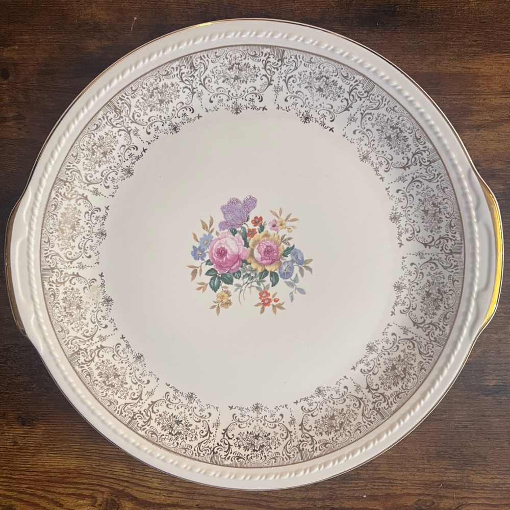 Vintage TS&T (Taylor, Smith & Taylor) china round platter, w/ 22k gold border